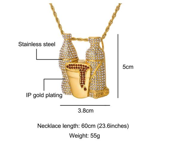 

new european and american designers wine bottles, wine cups, diamond necklaces luxury fashion hip-hop men's stainless steel pendant jew, Silver