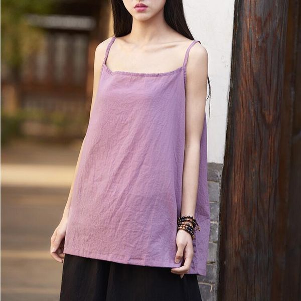 

2019 spring and summer cotton and linen retro women's clothing solid color sleeveless vest elegant small sling top, White