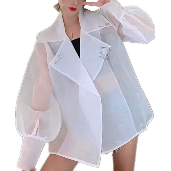 

summer beach style perspective womens and blouses female lantern sleeve turn down collar transparent cardigan shirt, White
