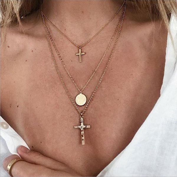 

fashion necklace jesus christ alloy cross disc pendant three layer pendant necklace gold color plated metal chain, Silver