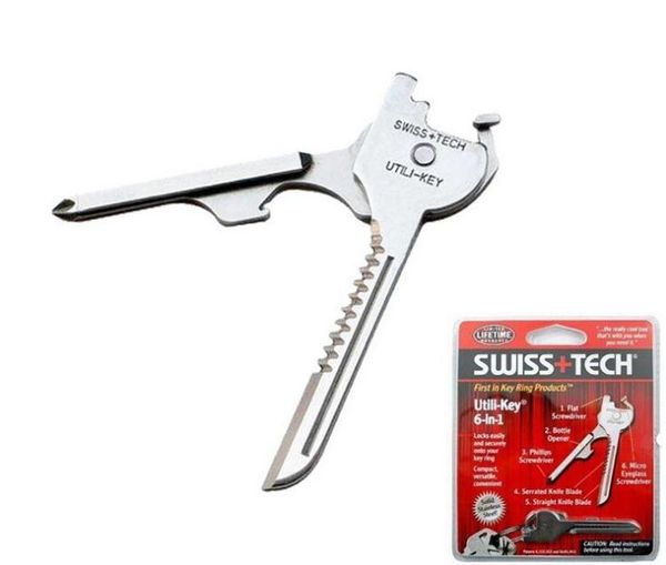 300 pezzi SWISS + TECH 6 in 1 Utili-key Mini portachiavi multifunzione Cacciavite in vetro piatto e con serratura Apribottiglie Coltello tascabile Strumento EDC SN1894