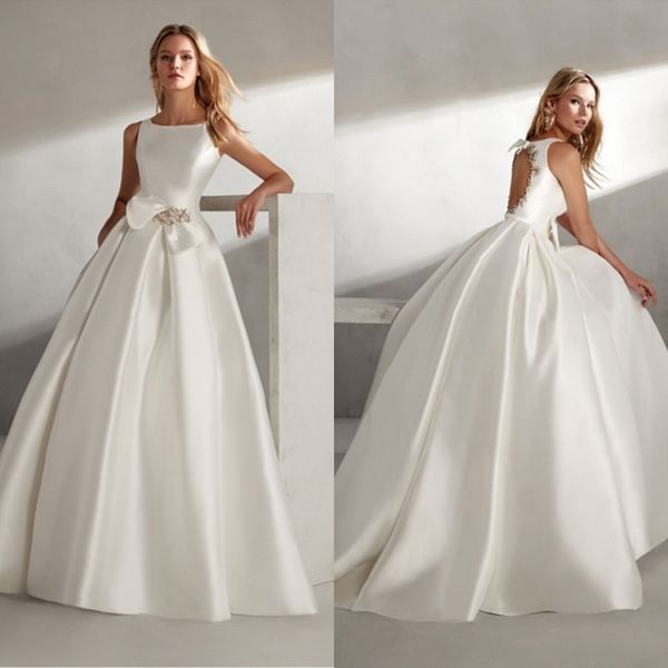 

2019 boho wedding dresses bateau neck satin bridal gowns sleeveless crystal backless a line wedding dress cheap, White