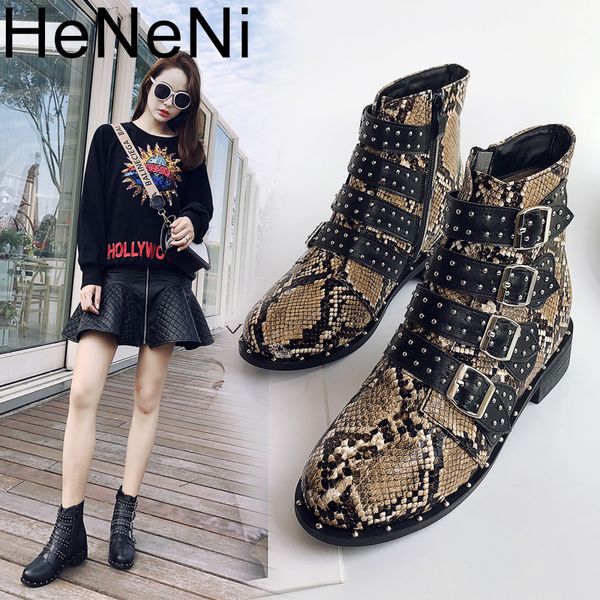

women rivets pu snake print booties buckle straps thick heel black ankle women boots shoes studded decorated boots motorcycle 41