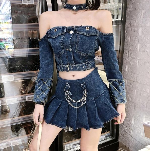 

summer two piece set women denim single breasted crop and high waist mini pleated skirt 2 piece sets womens outfits, White