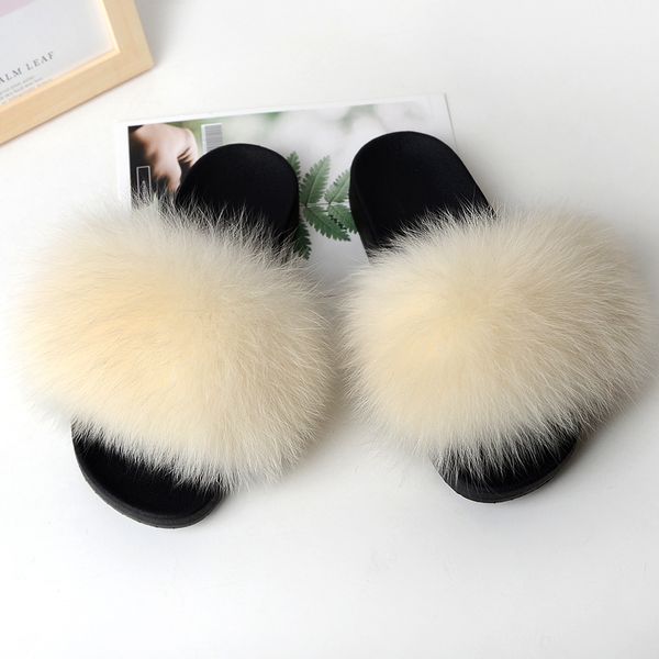 

custom fluffy fox fur slippers for women, Black