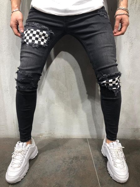 

mens high street designer checkerboard panelled denim jeans mens slim fit teenager boy hiphop ripped jean pants