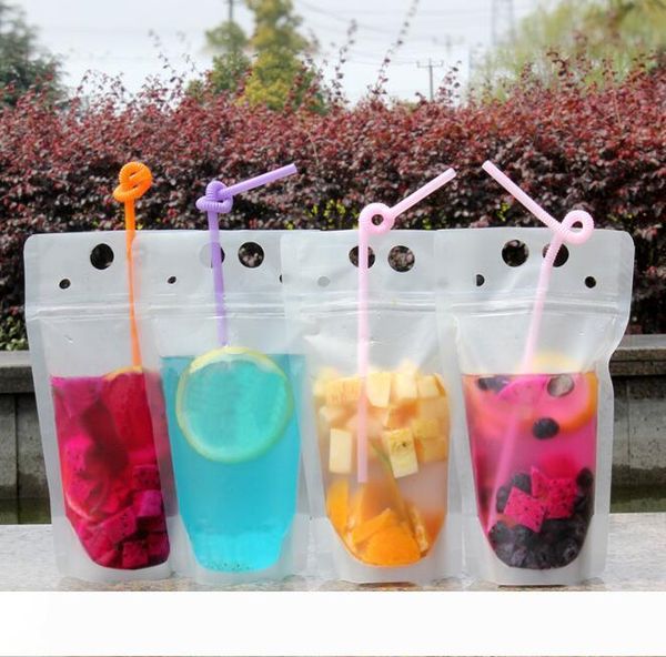

clear drink pouches bags frosted zipper stand-up plastic drinking bag with straw with holder reclosable heat-proof 17oz