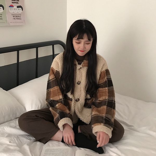 

autumn and winter south korea new style retro chic plaid stitching faux lambswool cotton overcoat women's single breasted long s, Blue;black