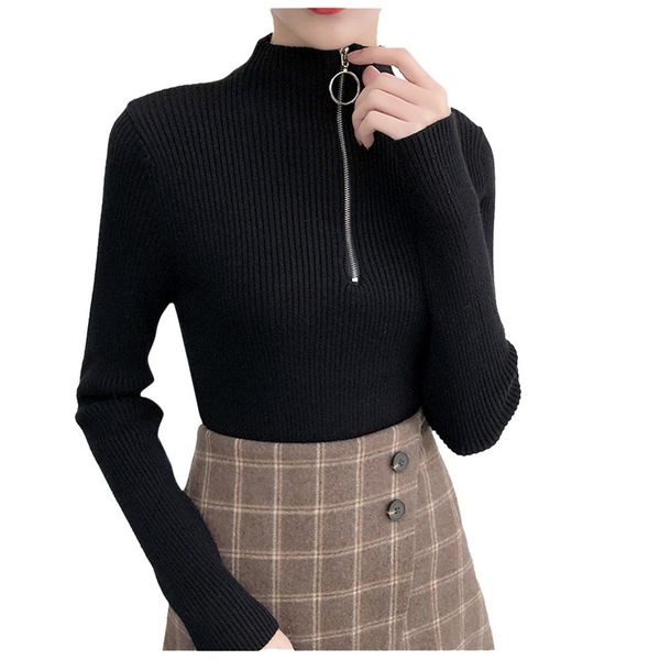 

women new fashion solid spring autumn winter sweaters long sleeve turtleneck slim fit knitted thin sweater female zipper, White;black