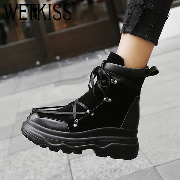

wetkiss cow suede ankle women boots round toe cross tied footwear motorcycle ladies boot platform girl shoes woman winter 2018, Black
