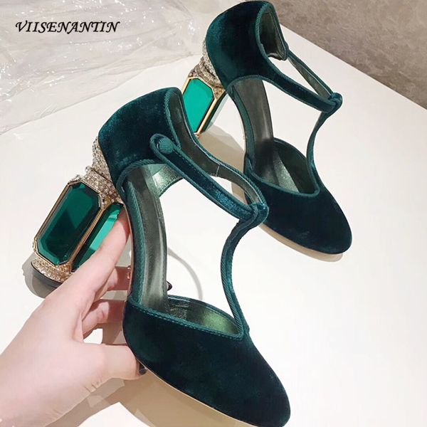 

viisenantin velvet high heel shoe green purple red t belt retro style rhinestone gemstone wedding party shoes 210331, Black;white