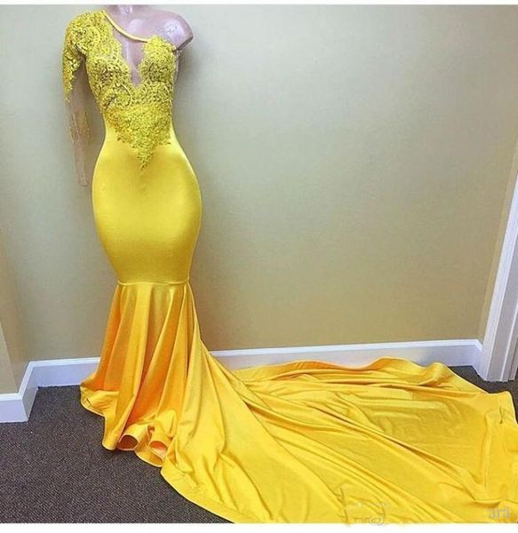 

Sexy Yellow One shoulder Long Sleeve Prom Dresses 2019 Gorgeous Appliques Lace Evening Dress Elastic Satin Mermaid African Party Gowns