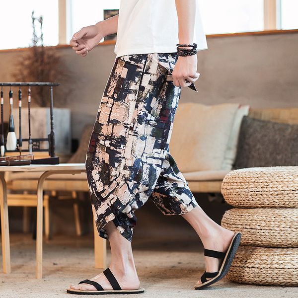 

2019 new chinese style mens cotton linen pants male summer casual calf-length pants man pattern print baggy loose trousers, Black