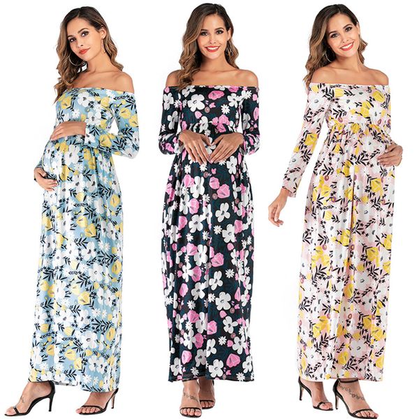 

pregnant mother dress new maternity pgraphy props women maternity pregnanty off shoulder long sleeve flowers print dress #c, White