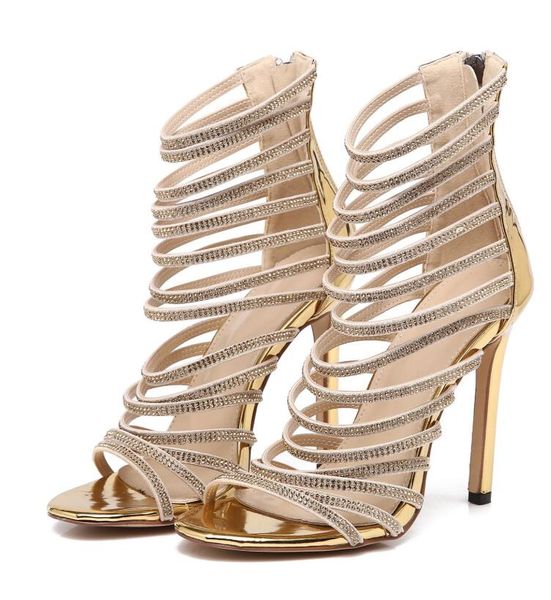 

new summer leather strappy cut outs ladies sandals boots summer bling rhinestone encrusted ankle high short bootties zipper thin heel cool p, Black