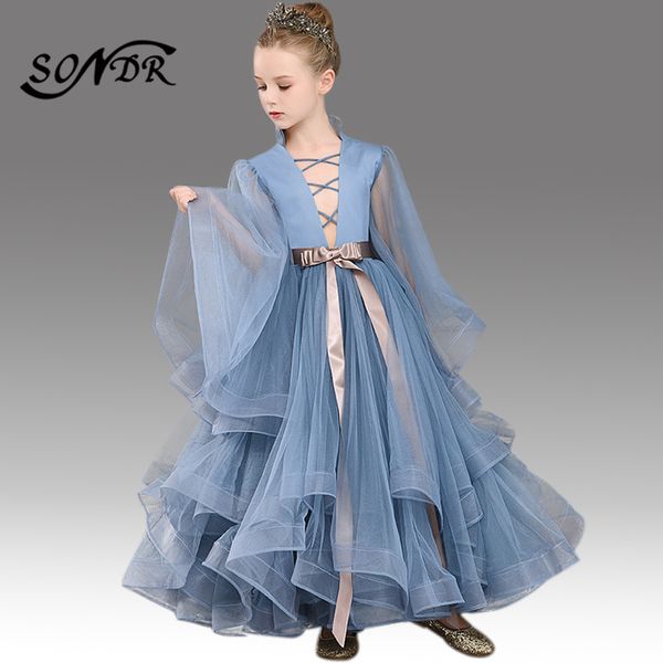 

dark grey primera comunion decoracion ht098 high collar long sleeve flower girl dress ruffles floor-length pincess ball gowns, Red;yellow