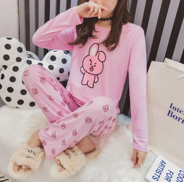 

korean cartoon round neck pajamas set women's two piece pants, White