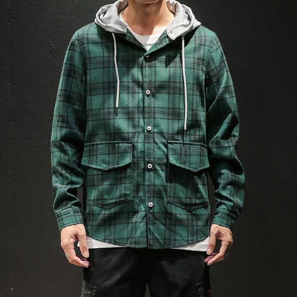 

korean men's hooded long sleeve plaid shirt 2020 men's loose straight street style long sleeve shirt -5xl, White;black