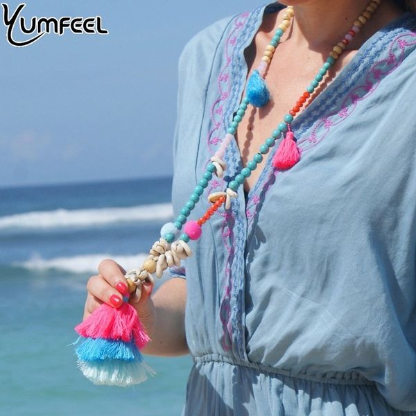 

yumfeel brand new tassel shell necklace women handmade wood beads crystals natural shell pom long necklace jewelry, Silver