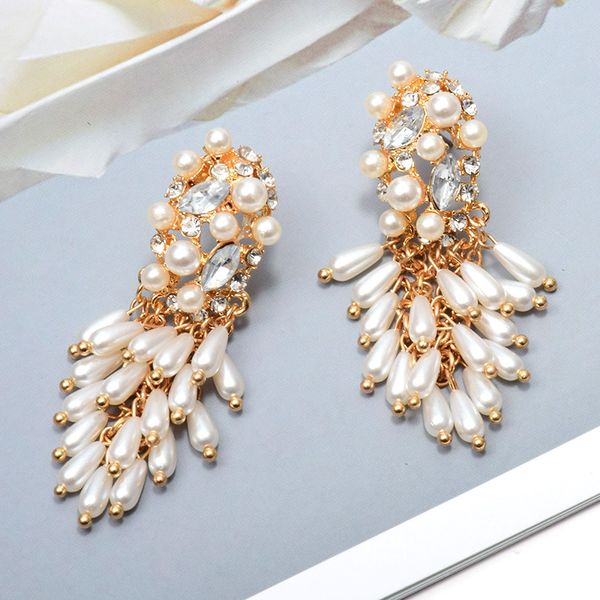 

wholesale new hang pearl dangling drop long earrings studded with crystal fashion jewelry accessories for women christmas gift, Silver