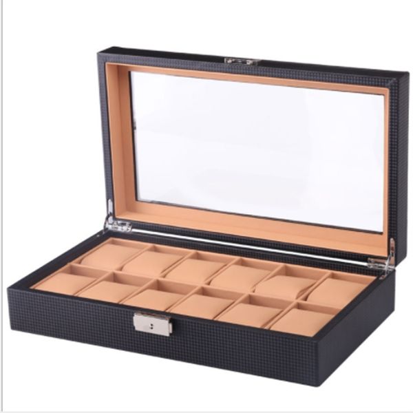 

12 slots grid pu leather watch display box jewelry storage organizer case locked watch display box, Black;blue