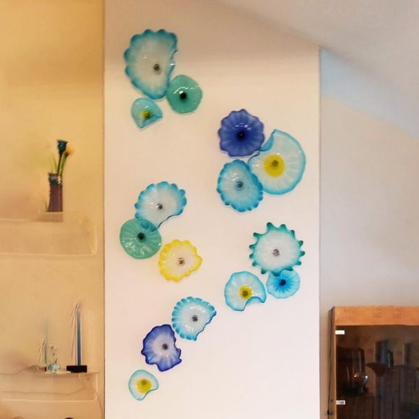 Lampade veneziane a fiori di Murano Decorazione con paralume blu 100% vetro soffiato a mano Piatti da parete Arte con bordo smerlato