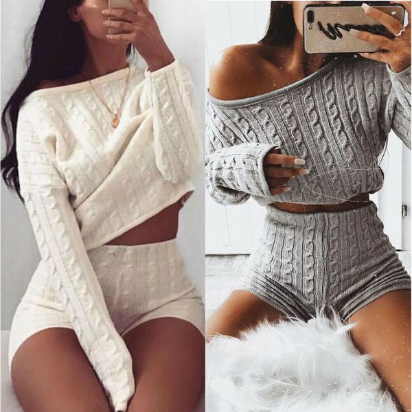 

new 2020 knit 2 piece set women's long sleeve crop & short pants winter sweater two piece clothing set, Gray
