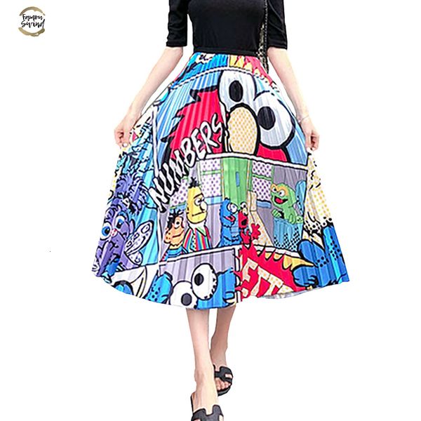 

cartoon skirts floral high elasticity women printing midi pleated skirt jupe femme spring summer autumn skirts, Black