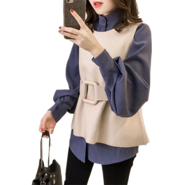 

5xl 4xl big size spring female vintage shirts women's stand collar lantern sleeve woolen vest + shirt two pcs women blouses, White