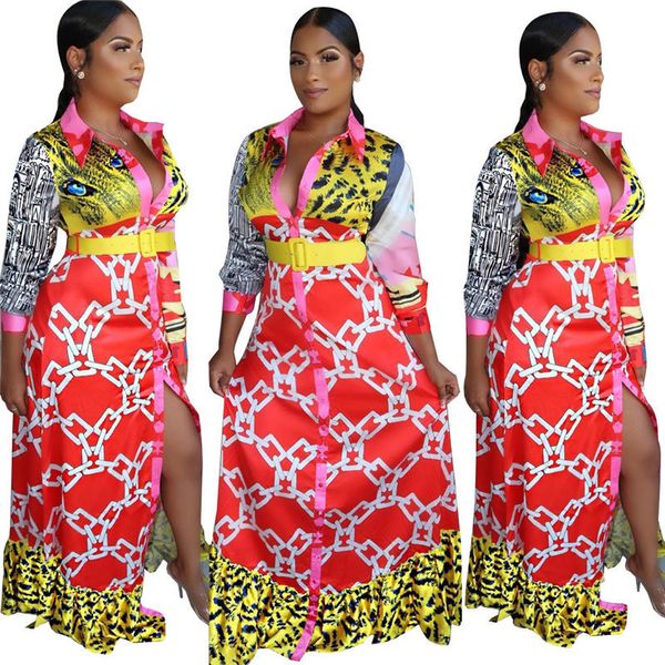 

мода printed женские платья осень отворотом шеи длинным рукавом свободные платья дамы повседневные платья новое прибытие, Black;gray