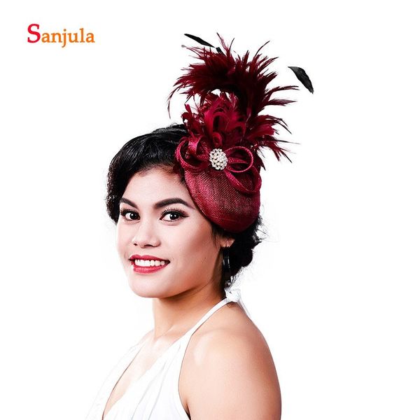 

burgundy women's hats for wedding feathers beaded line hats bridal headwear 2019 tocado novia h174