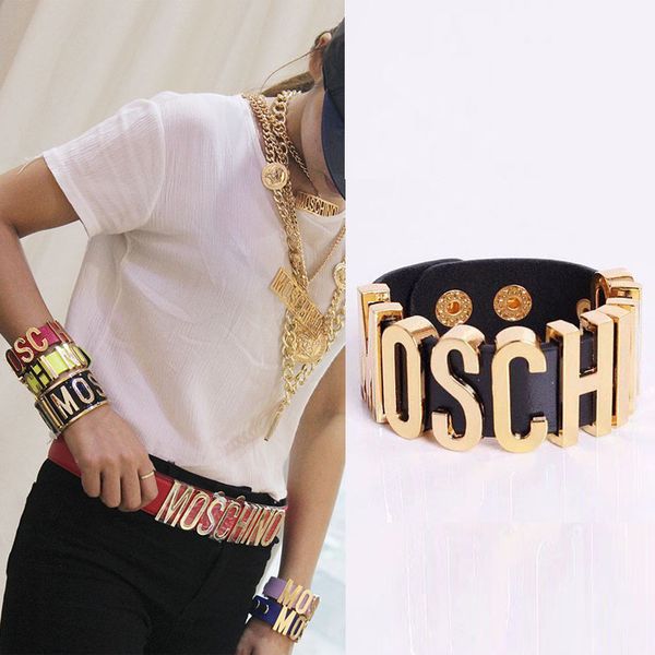 

catwalk mos letter leather bracelet punk hip hop exaggerated men and women bracelet christmas gift, Golden;silver