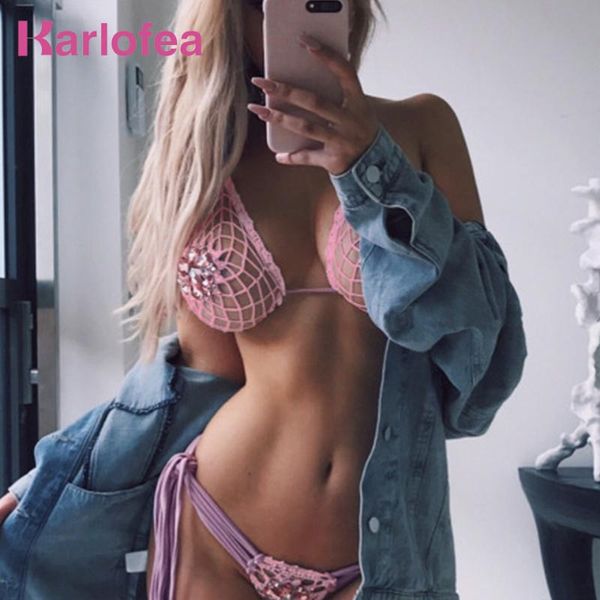 

karlofea women beach set luxury rhinestone diamond halter 2 piece sets and pants suits craystal summer beachwear set, White