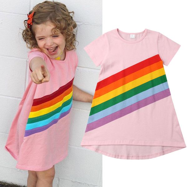 

Pudcoco Girl Dress 1Y-6Y AU Toddler Kids Baby Girls Rainbow Stripes Cotton Princess Dress Casual Clothes