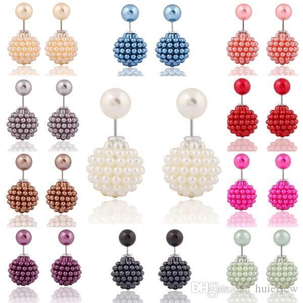 

pretty earings for woman girls brand new korean double pearl beads clay crystal ball brand new fashion two ends pearl studs earring, Silver