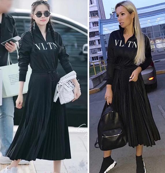 

luxury designer women dress black stand collar long sleeves pleats long womne dress letter print zipper celebrity style dress, White