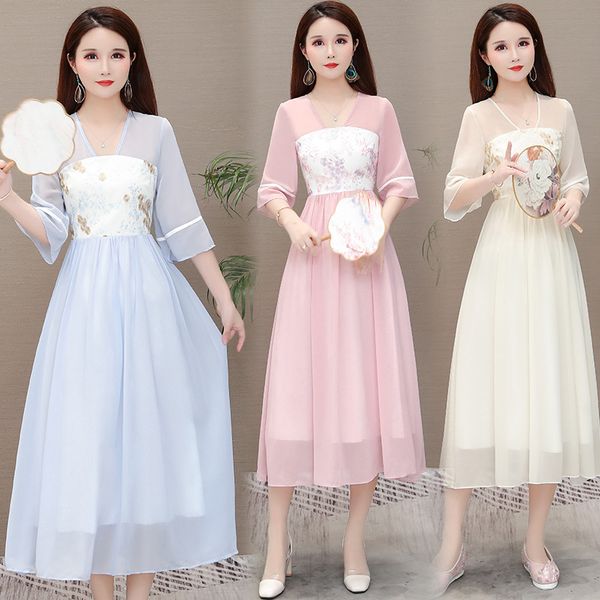 

summer hanfu ethnic clothing asia holiday dress women's half-sleeve fairy costume korea style chiffon loose gown, Red