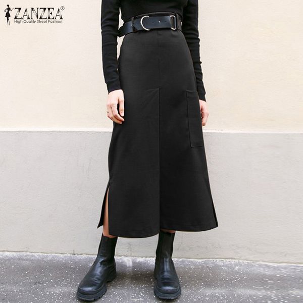 

skirts 2021 summer elegant work zanzea women casual high elastic waist sundress fashion split solid female vestido robe, Black