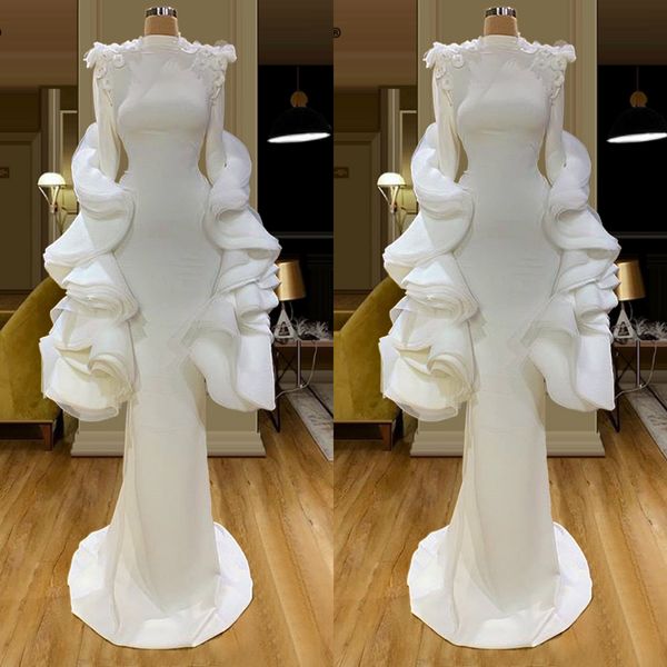 

white mermaid evening dresses long sleeve appliqued beads prom gowns vintage high neck formal pageant dress, Black;red