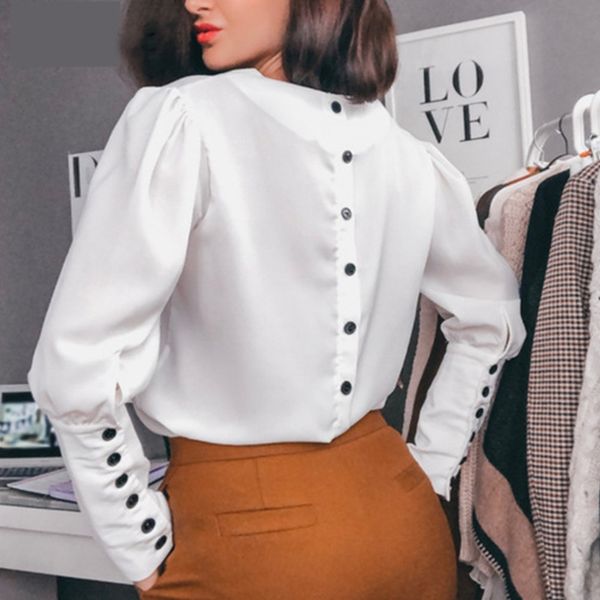 

women back button blouse and office ladies v neck long sleeve casual solid shirt 2019 autumn new fashion women, White
