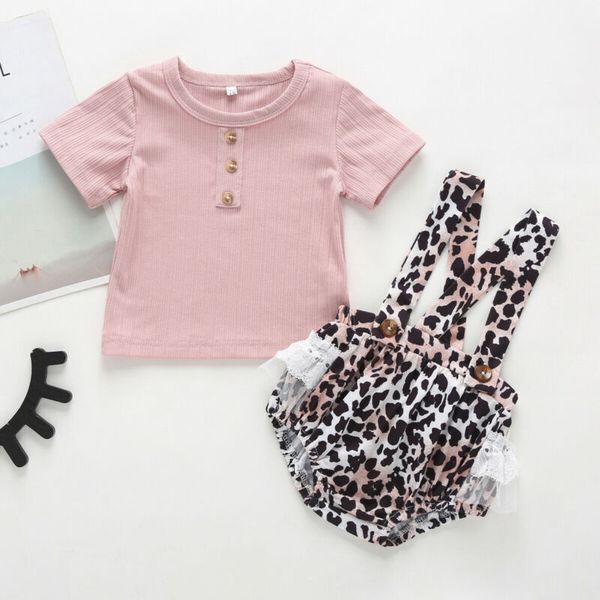 

newborn baby girl clothes t-shirt lace leopard shorts bib pants outfits set, Pink;blue