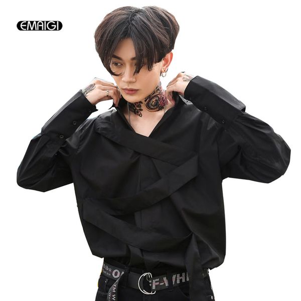 

men long sleeve casual shirts high street fashion male punk hip hop black dress shirt stage clothing, White;black