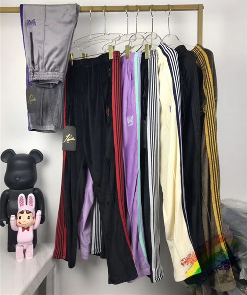 

embroidery awge needles sweatpants men women butterfly striped joggers velvet needles pants awge sweatpants, Black
