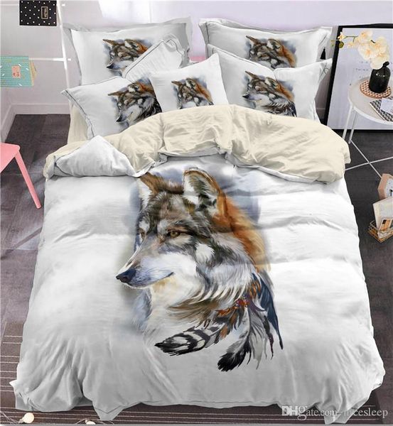 3d Indian Feather Wolf Bedding Set King Size Bohemia Wolf Print