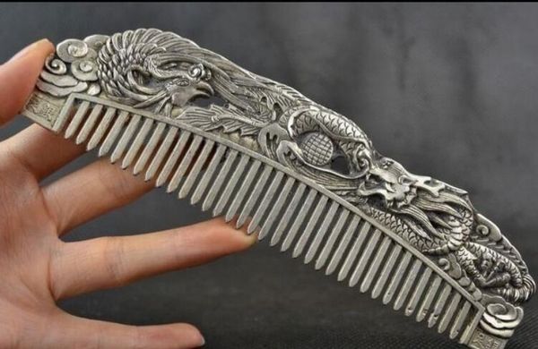 Lavoro manuale da collezione Old Miao Silver Carving Dragon Phoenix Meraviglioso pettine