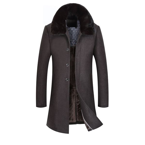

winter wool jacket men's high-quality wool coat casual slim medium length coat men's fur collar trench, Black