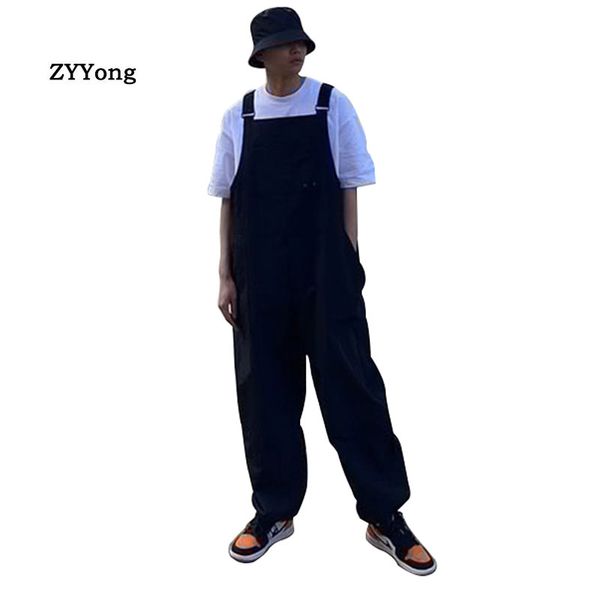 

2020 men jumpsuit streetwear joggers rompers solid baggy thin straight pants straps stylish suspenders overalls trousers, Black