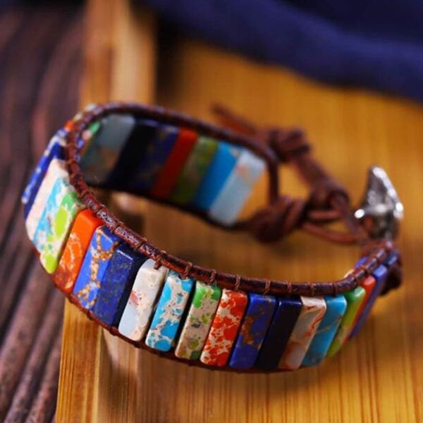 

diezi handmade 7 chakra natural tube beads stone bracelet leather wrap creative jewelry bangle for women men jewelry bracelet, Golden;silver