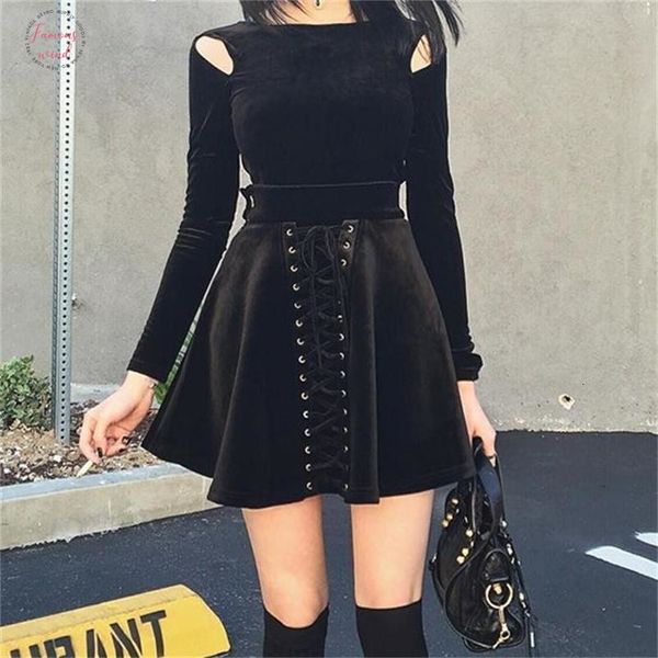 

black high waist pleated skirts women gothic punk street mini skirts lace up slim a line lolita skirt summer autumn velvet skirt