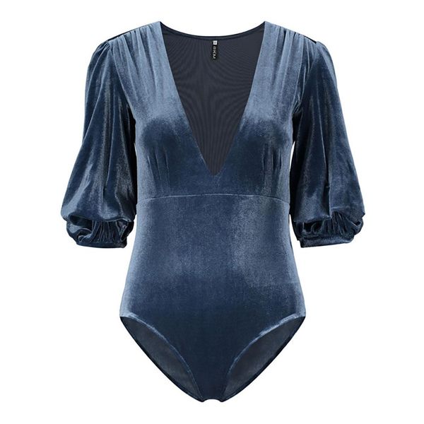

female solid color deep v-neck slim velvet bodysuit with lantern sleeves, Black;white